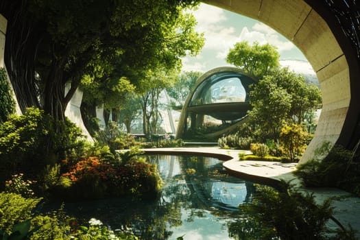 Lush garden with a reflective spherical structure, framed by an archway, blending nature and futuristic architecture.