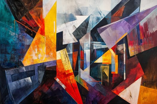 Modern abstract artwork featuring bold geometric shapes and a vivid color palette.