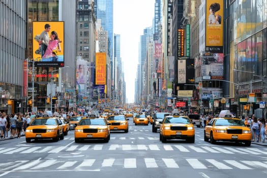 Line of yellow cabs on crowded street with towering billboards and pedestrians.