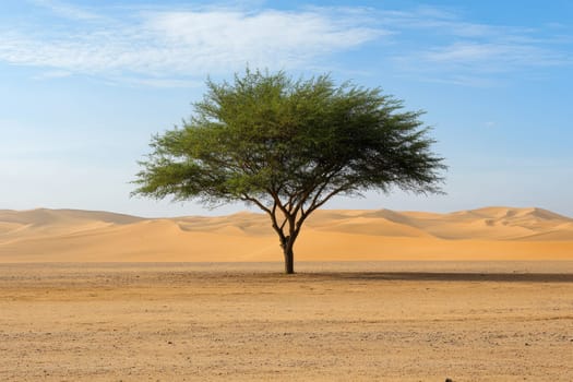 Single acacia tree with spreading canopy on flat desert plain, backed by rolling sand dunes and blue sky.