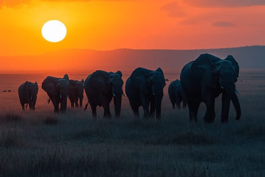 Silhouettes of an elephant herd walking across a grassy plain at dusk, with a large setting sun in the background.