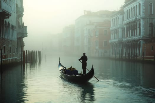 Silhouette of a gondolier steering through a foggy Venice canal, surrounded by historic palaces in soft morning light.