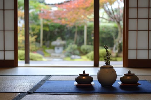 Traditional tea room interior with ceramic vessels and a view of a serene Japanese garden through open sliding doors.