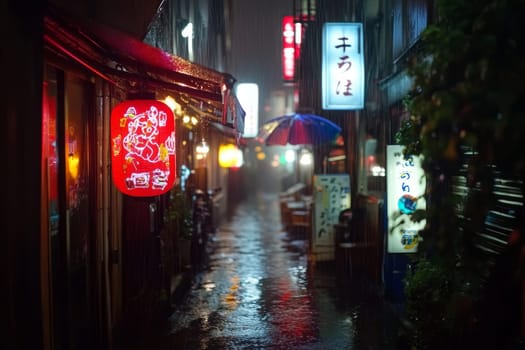 Atmospheric night scene of a narrow Japanese alley with traditional lanterns and neon signs during rainfall.