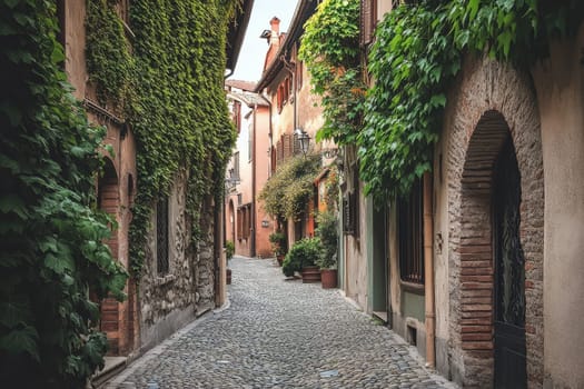 Picturesque cobblestone alley in an Italian village, with ivy-covered walls and rustic architecture.