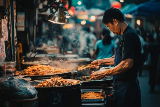 Street food vendor cooking at bustling night market, steam rising from large pans filled with colorful dishes.