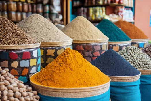 Close-up of vibrant spice piles in decorative containers at a traditional market, showcasing variety and texture.