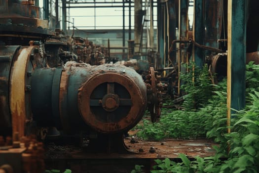 Close-up of weathered industrial machinery with sprouting vegetation in a derelict factory.