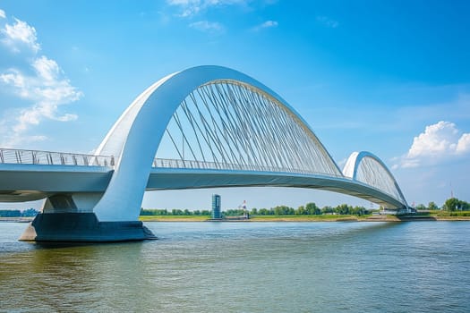 Sleek white arch bridge with cable supports spanning a wide river on a sunny day.