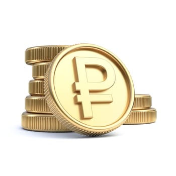 Golden coins with ruble currency symbol 3D rendering illustration isolated on white background