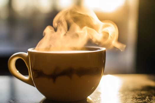 Ceramic mug with coffee and swirling steam patterns in warm ambient light.