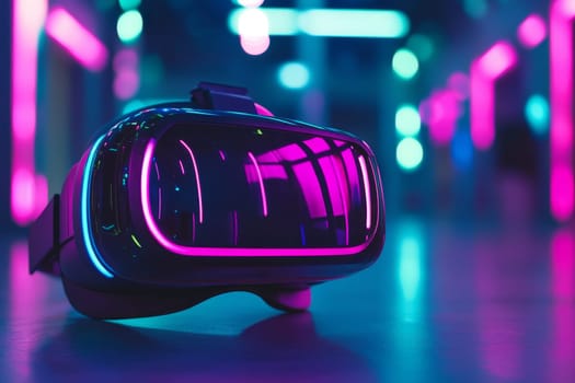 Virtual reality headset reflecting vibrant neon lights, creating a cyberpunk atmosphere.