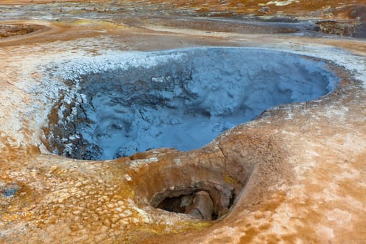 Hot Mud Pots in the Geothermal Area Hverir, Iceland. Horizontal shot