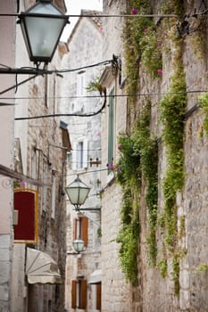 Old Stone Narrow Streets of Trogir, Croatia. Vertical shot