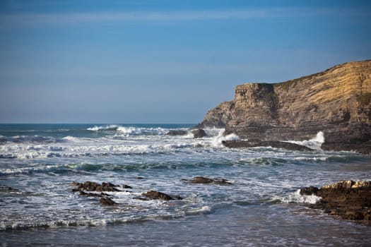 Western Portugal Ocean Coastline. Cliff and Surf. Vignetted Shot