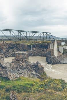 Bridge on The Skjalfandafljot river in Iceland. Overcast Gloomy Weather