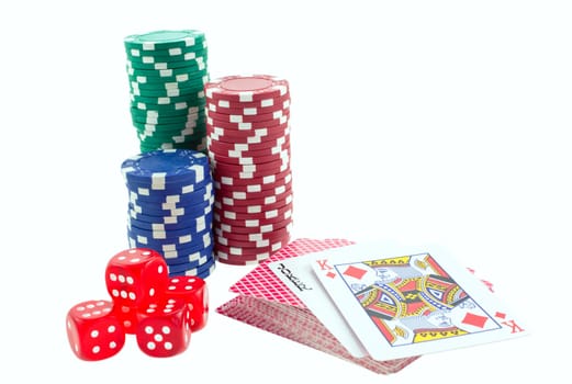 poker chips, cards and red dice cubes isolated on white background. another similar shots available