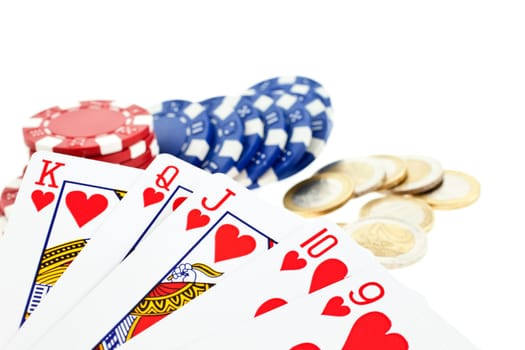 closeup playing cards, multicolor poker chips and euro coins isolated on white background. small GRIP. another similar shots available
