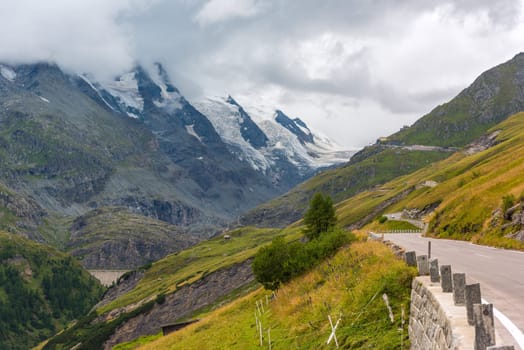 The Grossglockner high Alpine road in overcast foggy weather