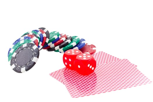 poker chips, cards and red dice cubes isolated on white background. another similar shots available