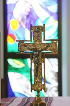 Cross on the main altar in the parish church of Christ the King in Domaslovac, Croatia