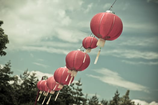Red Chinese Paper Lanterns. Horizontal filtered shot