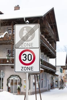 Speed limit road sign in a town. vertical shot
