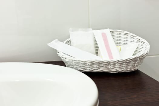Toiletries in hotel bathroom. Horizontal shot