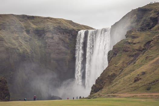 Skogafoss Waterfall, southern part of Iceland, at overcast weather