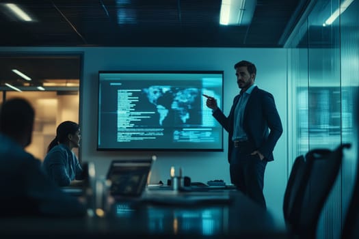 Businessman presents world map data on screen in dimly lit corporate meeting room.