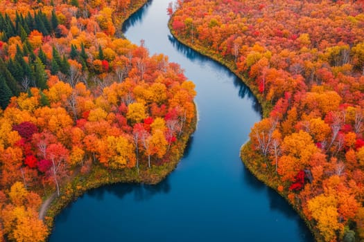 Vibrant fall colors surround winding blue river through dense autumn forest landscape.