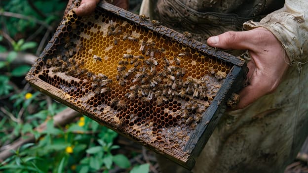 Hands hold bee-covered honeycomb, showcasing apiculture in outdoor environment.
