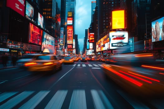 Busy urban avenue with colorful advertisements and blurred traffic at dusk.