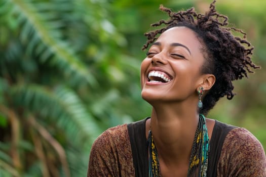 Vibrant woman with curly hair laughs heartily in lush green setting.