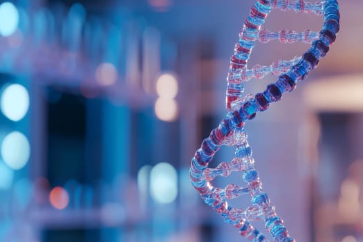 Illuminated DNA helix model with red and blue components against blurred city lights.