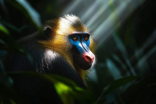 Close-up portrait of a mandrill with striking blue and red facial features, illuminated by dramatic lighting in a jungle setting.