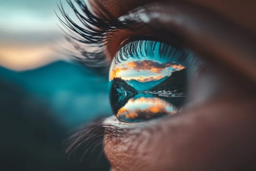 Close-up of human eye with mountain landscape reflected in iris at sunset.
