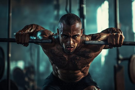 Muscular man executes barbell squat with determined expression in dark gym setting.