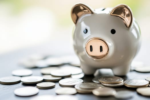 White ceramic piggy bank surrounded by scattered coins, symbolizing savings and financial planning.