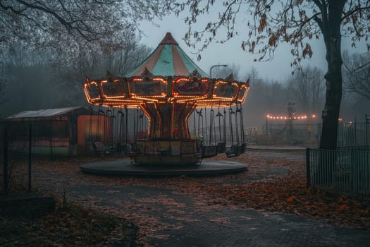 Illuminated vintage carousel in a foggy autumn park, creating a mysterious and nostalgic atmosphere.