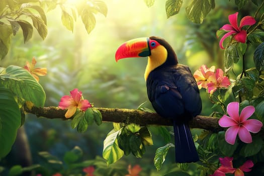 A colorful toucan perched on a branch surrounded by vibrant flowers and lush foliage in a sunny rainforest setting.