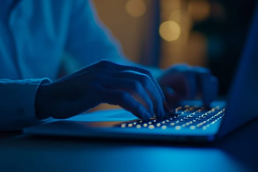 Close-up of fingers typing on backlit keyboard in dark room with blue ambient light.