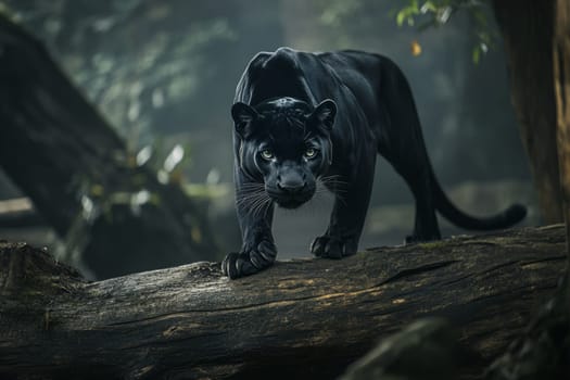 A majestic black panther prowls on a fallen log, its piercing eyes focused ahead in a misty jungle setting.