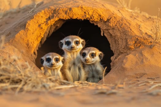 Three curious meerkats peering out from their sandy burrow entrance in warm golden light.