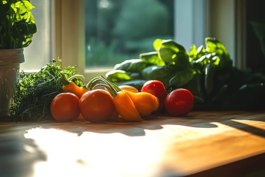 Vibrant tomatoes and herbs on a wooden windowsill, bathed in warm sunlight with potted plants in background.