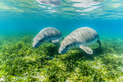 Two manatees feeding on seagrass in shallow, crystal-clear tropical waters with sunlight filtering through surface.