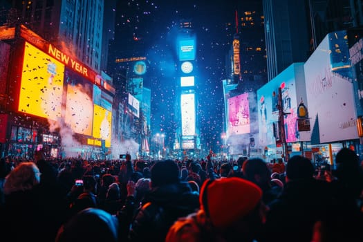 Crowds celebrate New Year's Eve in Times Square with confetti, lights, and giant screens illuminating the night sky.
