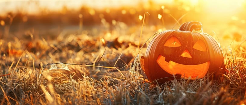 A glowing carved pumpkin sits in tall grass as the sun sets, casting a warm light on a celebrating Halloween atmosphere.