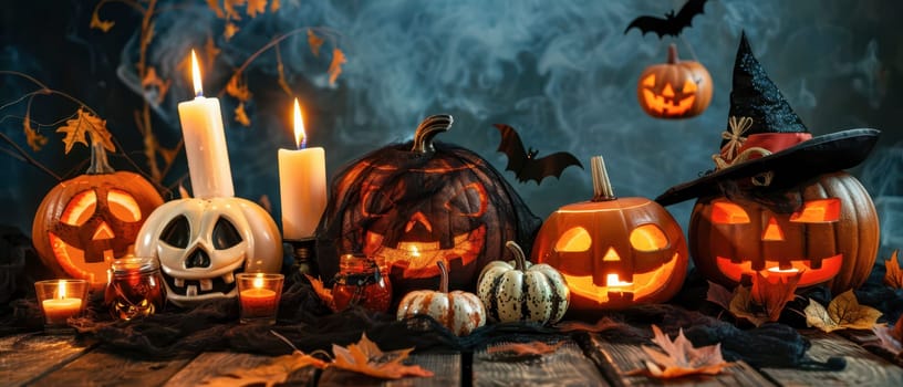 A variety of carved pumpkins are arranged with candles and autumn leaves in a dimly lit setting, creating a festive Halloween atmosphere.