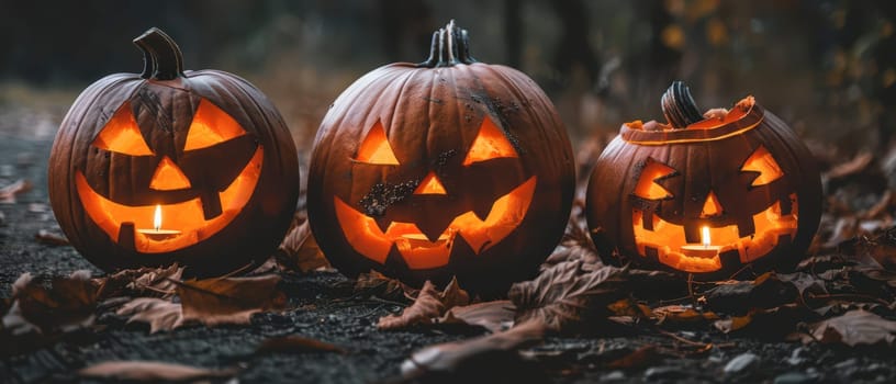 Three carved pumpkins glow warmly in an autumn setting, each displaying unique faces. Fallen leaves surround them, emphasizing the seasonal atmosphere.